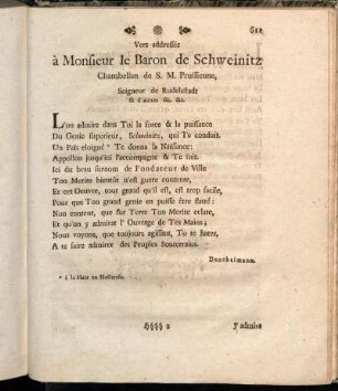 Vers-addressés à Monsieur le Baron de Schweinitz Chambellan de S. M. Prussienne, Seigneur de Rudelstadt & d´autres etc. etc.