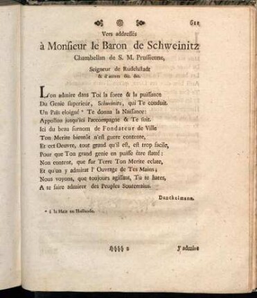 Vers-addressés à Monsieur le Baron de Schweinitz Chambellan de S. M. Prussienne, Seigneur de Rudelstadt & d´autres etc. etc.