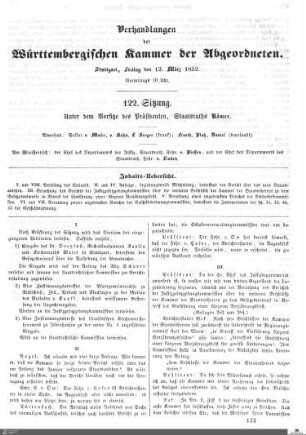 122. Sitzung, Stuttgart, 12.3.1852