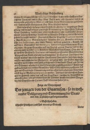 Folgt ein Verzeichnuß Der jenigen von der Guarnison/ so in wehrender Belägerung und Einnemmung der Statt/ von den Tyllischen gefangen worden.