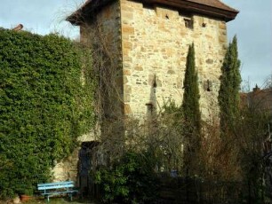Stadtbefestigung-Stadtmauer von Süden über Feldseite mit Diebsturm (eingestellter rechteckiger Wehrturm -erbaut Ende 15 Jh- mit Schlüsselloch-Schießscharten für Armbrust)