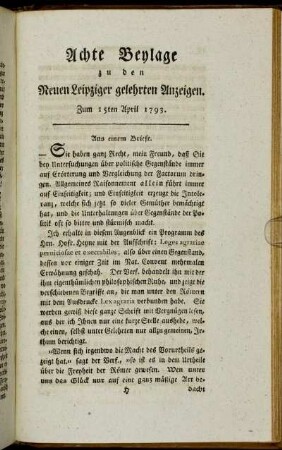 Achte Beylage zu den Neuen Leipziger gelehrten Anzeigen. Zum 15ten April 1793.