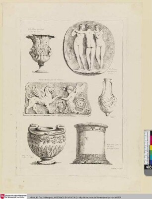 [Vase; Marmorrelief mit den drei Grazien; Basrelief mit Greif und ausschenkendem Putto; Vase; Bauchige Vase mit Ouroboros als Henkel; Postament]