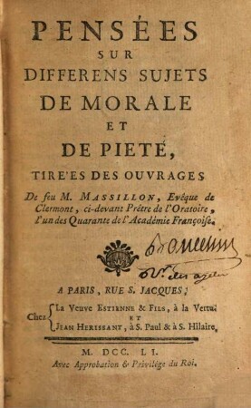 Pensées sur différens sujets de morale et de piété