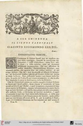 A sua Eminenza il Signor Cardinale Giacinto Sigismondo Gerdil
