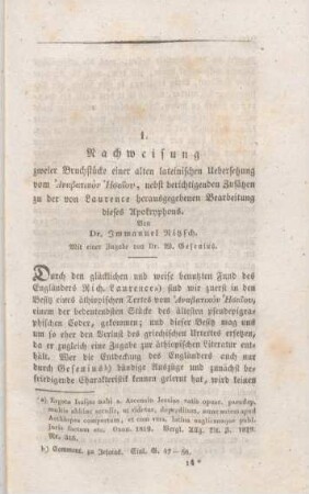 209-246 Nachweisung zweier Bruchstücke einer alten lateinischen Uebersetzung vom anabatikon Iesaion, nebst berichtigenden Zusätzen zu der von Laurence herausgegebenen Bearbeitung dieses Apokryphons