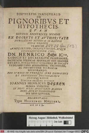 Disputatio Inauguralis De Pignoribus Et Hypothecis