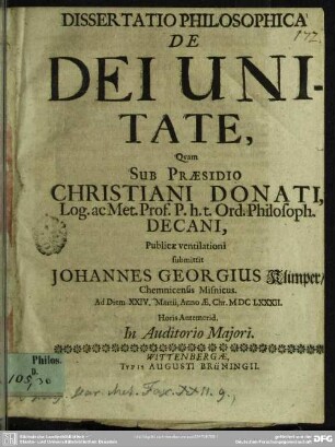 Dissertatio philosophica de dei unitate