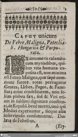 Caput unicum De Febre Maligna, Petechiali, Hungarica & Purpurata