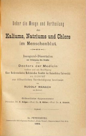 Ueber die Menge und Vertheilung des Kaliums, Natriums und Chlors im Menschenblut