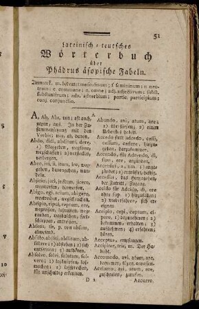 Lateinisch-teutsches Wörterbuch über Phädrus äsopische Fabeln.