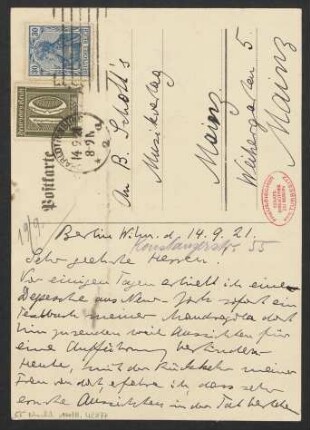 Brief an B. Schott's Söhne : 14.09.1921