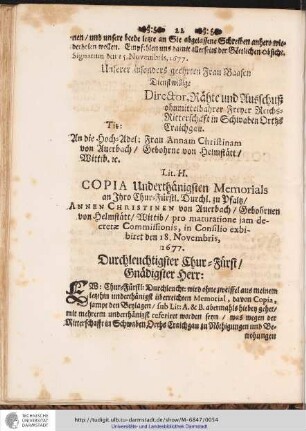 Lit. H. COPIA Underthänigsten Memorials an Ihro Chur-Fürstl. Durchl. zu Pfaltz/ANNEN CHRISTINEN von Auerbach/ ...