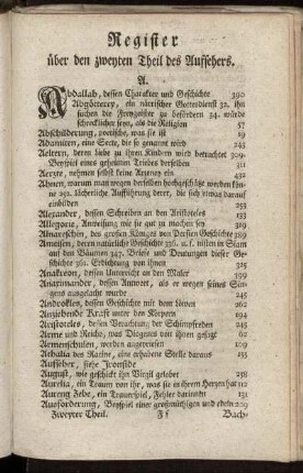 Register über den zweyten Theil des Aufsehers.