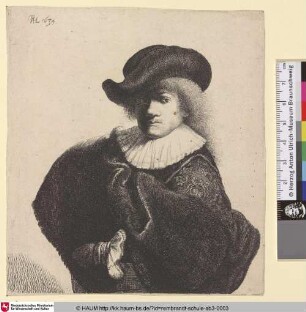 [Rembrandt's Selbstbildnis mit Hut und gemustertem Mantel; Self-Portrait in a Soft Hat and a Patterned Cloak; Portrait de Rembrandt au manteau riche]