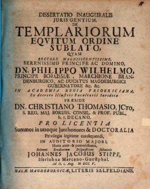 Dissertatio Inauguralis Juris Gentium, De Templariorum Eqvitum Ordine Sublato