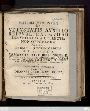Problema Jvris Pvblici De Vetvstatis Avxilio Reipvblicae Qvo Ad Immvnitates A Collectis Non Opponendo