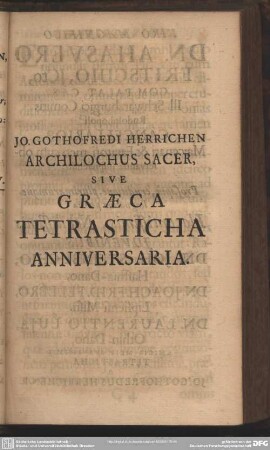 Archiolochus Sacer, Sive Graeca Tetrasticha Anniversaria