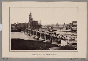 Stadtansicht von Dresden, Blick vom Narrenhäusel über die Augustusbrücke auf die Altstadt
