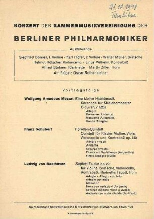 Programmzettel für ein Konzert der Kammermusikvereinigung der Berliner Philharmoniker in der Filmbühne