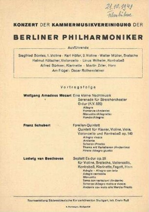 Programmzettel für ein Konzert der Kammermusikvereinigung der Berliner Philharmoniker in der Filmbühne