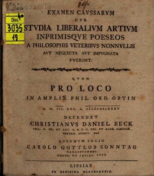 Examen caussarum cur studia liberalium artium inprimisque poeseos a philosophis veteribus nonnullis aut neglecta aut impugnata fuerint