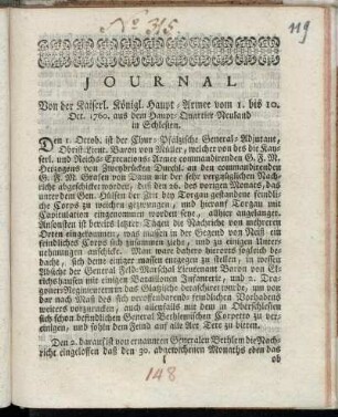 Journal Von der Kaiserl. Königl. Haupt-Armee vom 1. bis 10. Oct. 1760. aus dem Haupt-Quartier Neuland in Schlesien