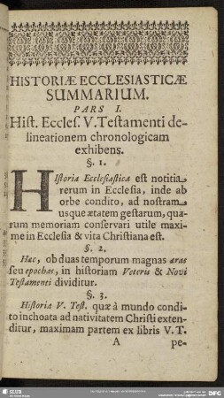 Pars I. Hist. Eccles. V. Testamenti delineationem chronologicam exhibens