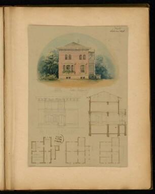 Villa Monatskonkurrenz Februar 1875: Grundriss Keller, Erdgeschoss, Obergeschoss, Aufriss Vorderansicht, Seitenansicht, Querschnitt; 2 Maßstabsleisten