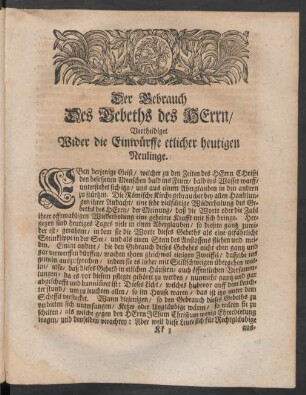 Der Gebrauch Des Gebeths des HErrn / Vertheidiget Wider die Einwürffe etlicher heutigen Neulinge
