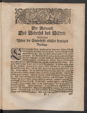 Der Gebrauch Des Gebeths des HErrn / Vertheidiget Wider die Einwürffe etlicher heutigen Neulinge
