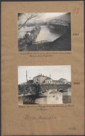 Zerstörte Brücke über die südliche Morava, daneben eine von deutschen Pionieren erbaute Kriegsbrücke