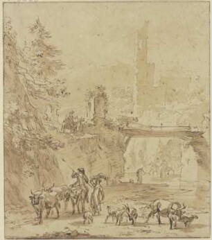 Burgruine, über dem Wasser ein Steg im Vordergrund, Hirte zu Esel und Hirten zu Fuß mit Vieh