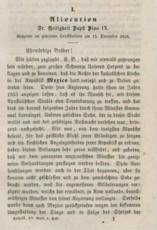 1-11 Allocution Sr. Heiligkeit Papst Pius IX. : gehalten im geheimen Consistorium am 15. December 1856
