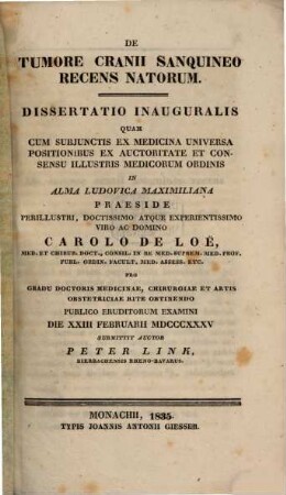 De tumore cranii sanguineo recens natorum : Diss. inaug.