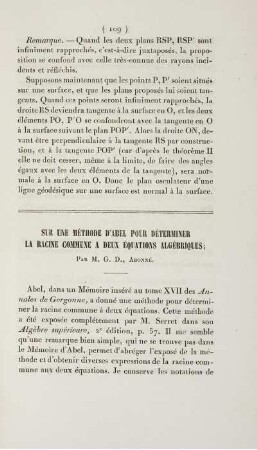 Sur une méthode d'Abel pour déterminer la racine commune a deux équations algébriques.