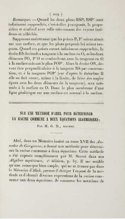 Sur une méthode d'Abel pour déterminer la racine commune a deux équations algébriques.
