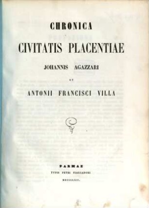 Chronica civitatis Placentice : (ed. ??. A. Bonora.)