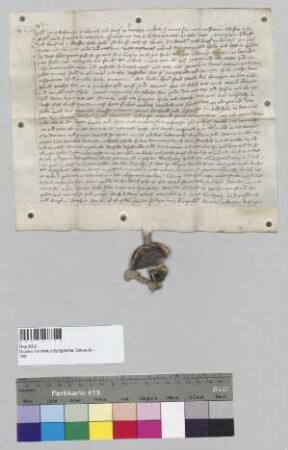 Georg Schönauer, Wollwirker und Bürger zu Landshut, verkauft an Konrad dem Schmid, Bürger zu Landshut, ein Tagwerk Wiese aus der Hader Wiese zu Piflas. S: Ludwig der Hutl