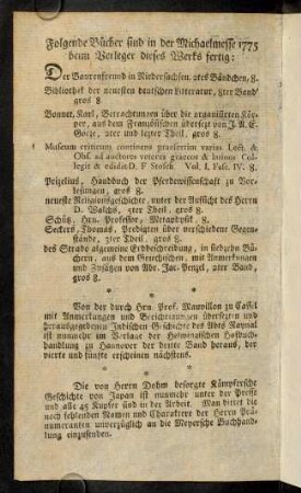 Folgende Bücher sind in der Michaelmesse 1775 beim Verleger dieses Werkes fertig
