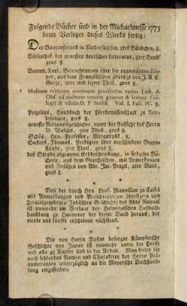 Folgende Bücher sind in der Michaelmesse 1775 beim Verleger dieses Werkes fertig