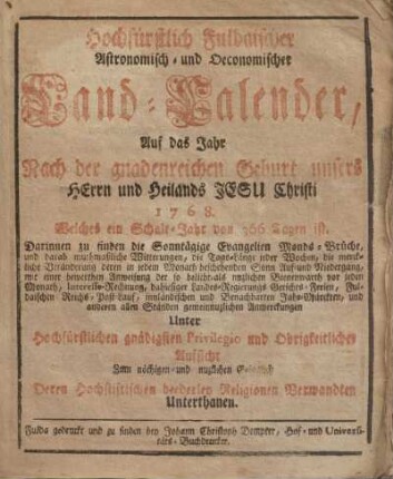 1768: Hochfürstlich fuldaischer astronomisch- und oekonomischer Landkalender