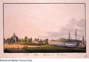 Moritzburg, Der Fasan-Garten in Moritzburg (Fasanenschlösschen mit Leuchtturm und Schiff). Unbekannter deutscher Künstler, 1. H. 19. Jh. Radierung, koloriert; 15,3 x 22,8 cm. Dresden: Kupferstich-Kabinett A 132437 in A,2 (D XVI-XX, Sax.top.a V)