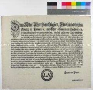 Patent von Friedrich August II. Kurfürst von Sachsen gegen das Verbreiten falscher und unwahrer Zeitungsnachrichten im In- und Ausland