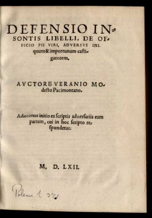 Defensio Insontis Libelli, De Officio Pii Viri, Adversus Iniquum & importunum castigatorem.