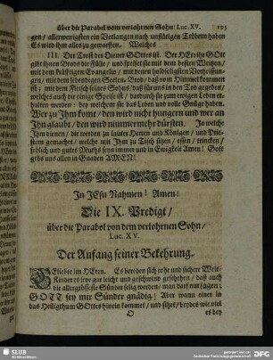 Die IX. Predigt, über die Parabol von dem verlohrnen Sohn, Luc. XV.