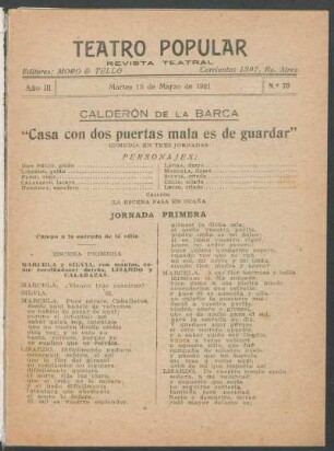 3.1921=Nr. 70: Casa con dos puertas mala es de guardar : comedia en tres jornadas