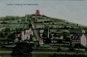 Postkartenalbum August Schweinfurth mit Karlsruher Motiven. "Durlach - Turmberg mit Drahtseilbahn"