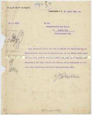 Brief über die Untersagung der Namensverwendung durch den Zeppelinbund in Barmen-Leipzig, mit eigenhändiger Unterschrift von Dr. Eckener