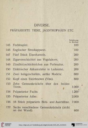 Diverse. Präparierte Tiere, Jagdtrophäen Etc. (Nr. 145-167)